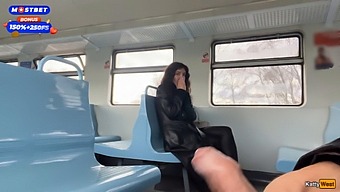 Amateur Brunette Gets Help From A Stranger To Reach An Orgasm On A Public Train And Then Walks Around The Train Wagons With Cum On Her Face.